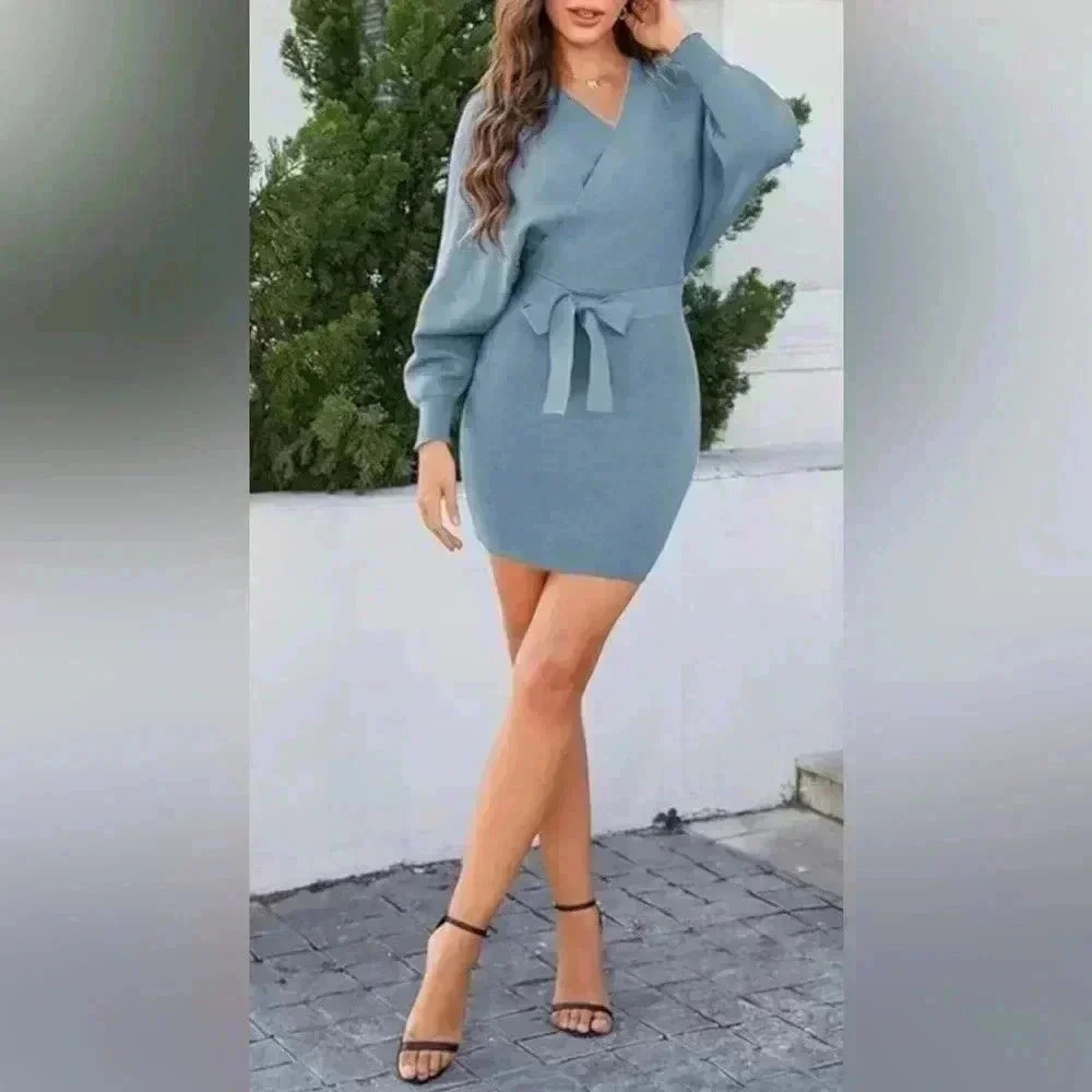 Zonsaoja Women's Sweater Dress Sexy VNeck Long Sleeve Backless Wrap Mini Dress M - Picture 3 of 9